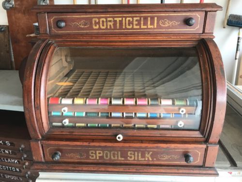 Antique Late 19th C. Corticelli Spool Display Rolling Glass Cabinet