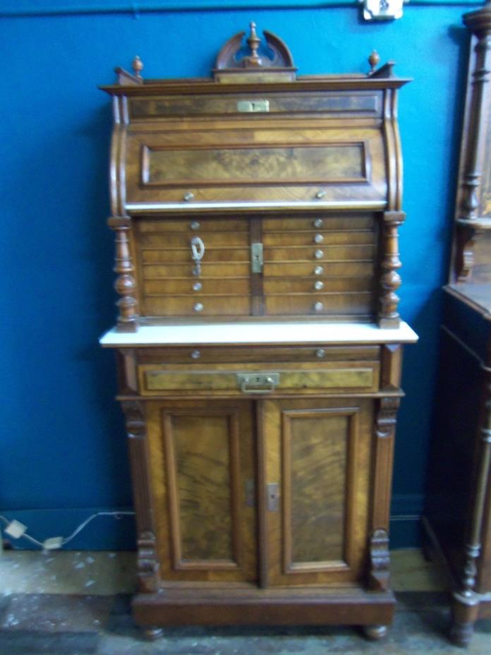 Antique Dental Cabinet Walnut Burlwood Glass lined  Drawers