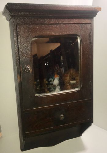 Antique Shaving Cabinet With Drawer And Beveled Mirror