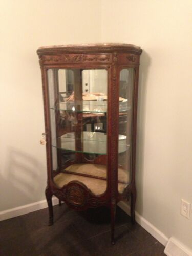 Antique Curved Glass Curio Caninet With Marble Top