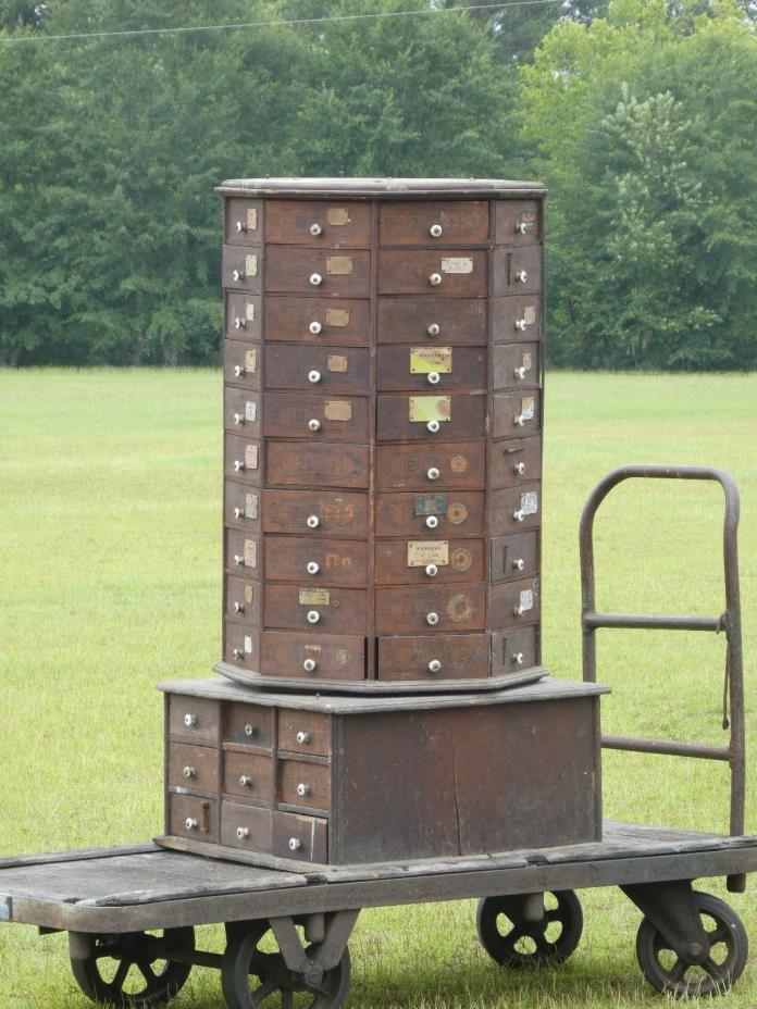 Antique Octagon Rotating Hardware Store Cabinet 80, 18 Drawers Triangle Drawers