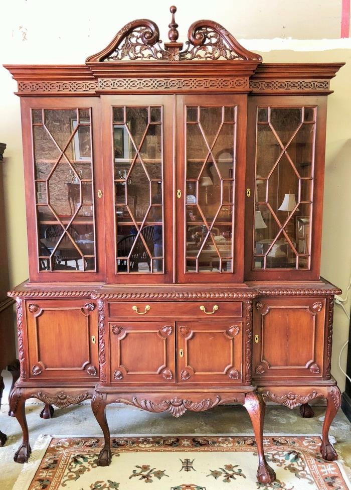 Solid Mahogany Breakfront Chippendale China Hutch Bookcase