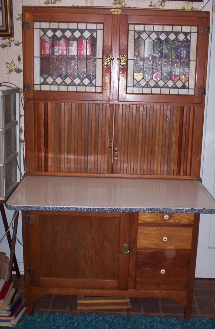 Antique Vintage SELLERS Oak Leaded Glass Hoosier Kitchen Cabinet