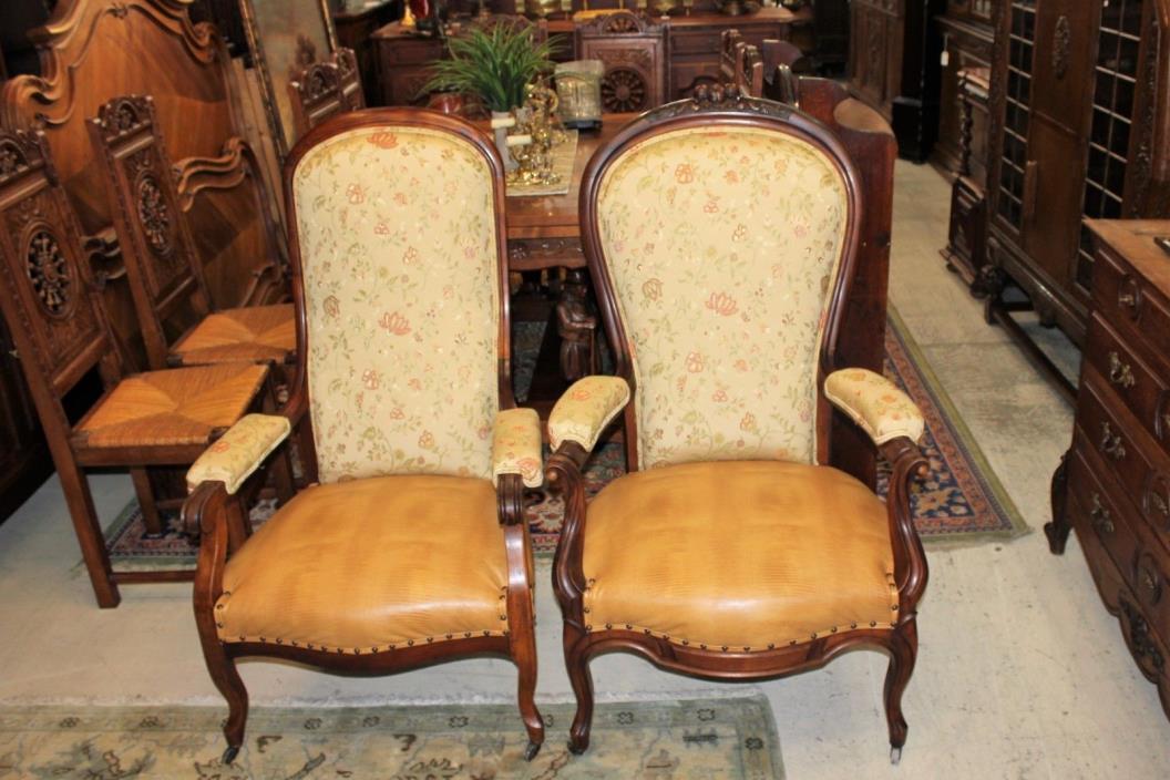 English Antique Mahogany Victorian His & Hers Arm Chairs With New Upholstery.