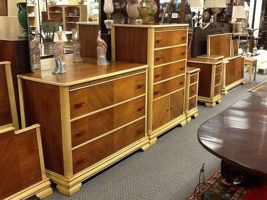 1936 ART DECO WALNUT/CREAM 9 PC. BEDROOM SUITE