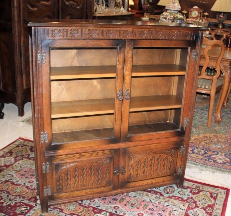 English Antique Oak Wood Glass Door Short Bookcase / Small Display Cabinet