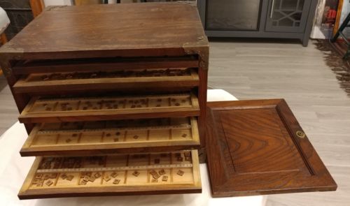 ANTIQUE CHINESE PRINTERS CABINET - 9 DRAWERS w/35 Copper Type Plate Sections OAK