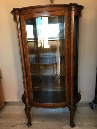 Quartersawn Oak 3Curve Glass Clawfoot China Display Cabinet Mirror Antique