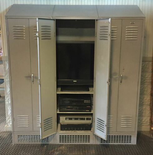 Vintage Gym Lockers Re purposed Entertainment Center  Industrial Steel Cabinet