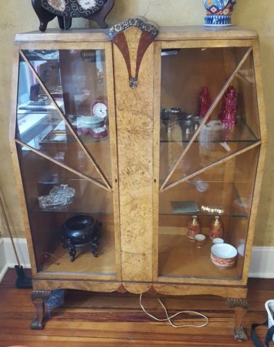 Vintage Art Deco Curio Display China Cabinet Cathedral Glass Doors
