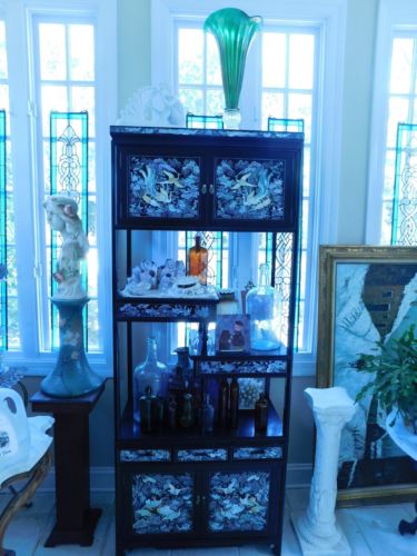 Asian Black Lacquer Etagere Inlaid Mother of Pearl Birds and Flowers 72 3/4