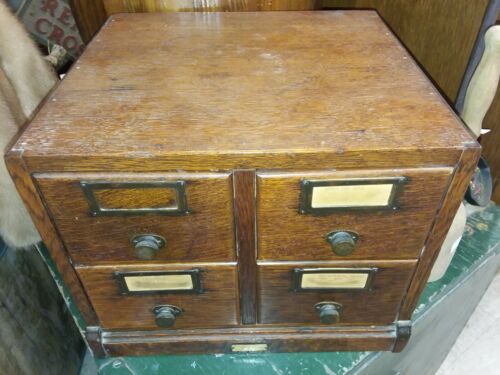 Antique Oak 4 Drawer Index File Cabinet Desk Tool Box Chest Industrial Globe