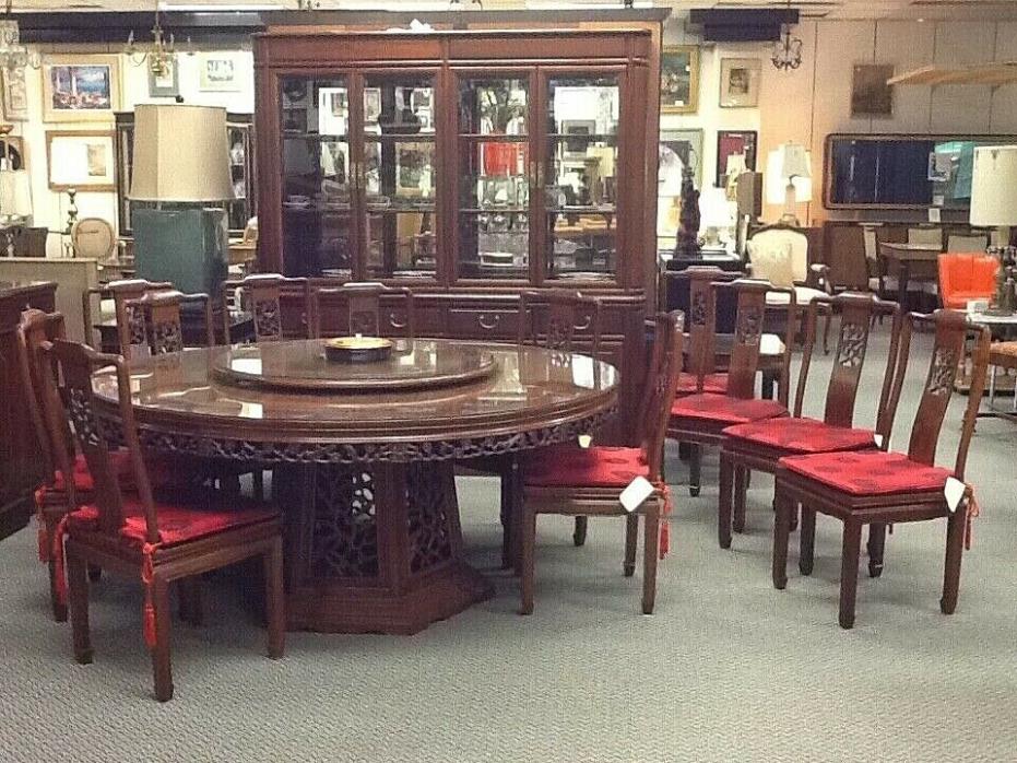 VINTAGE ROSEWOOD CHINESE DINING ROOM WITH CHINA CABINET, TABLE AND 12 CHAIRS
