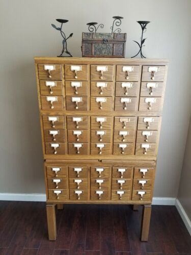 Vintage Wooden 45 Drawer Card Catalog  Library Filing Cabinet Index Drawer.