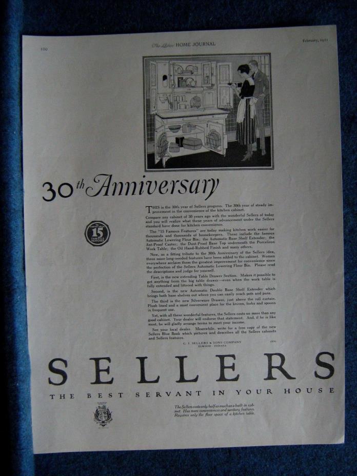 1922 SELLERS KITCHEN CABINET Ad ~ 15 Famous Features Described- 30th Anniversary