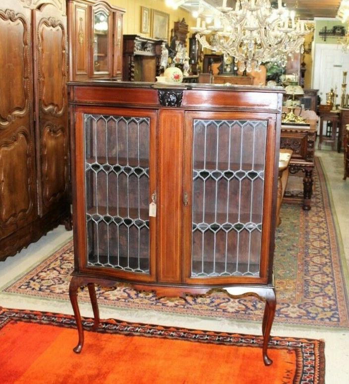 English Antique Mahogany Leaded Glass Queen Anne Bureau Bookcase Display Cabinet