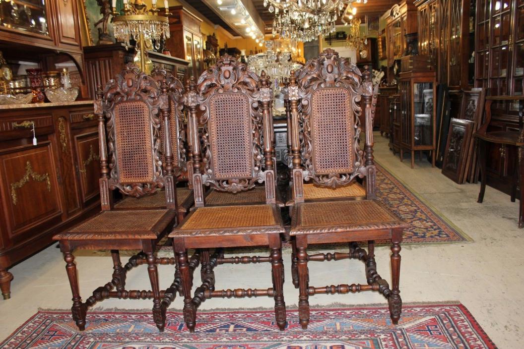 French Antique Renaissance Louis XVI set of 6 Caned Oak Dining Chairs.