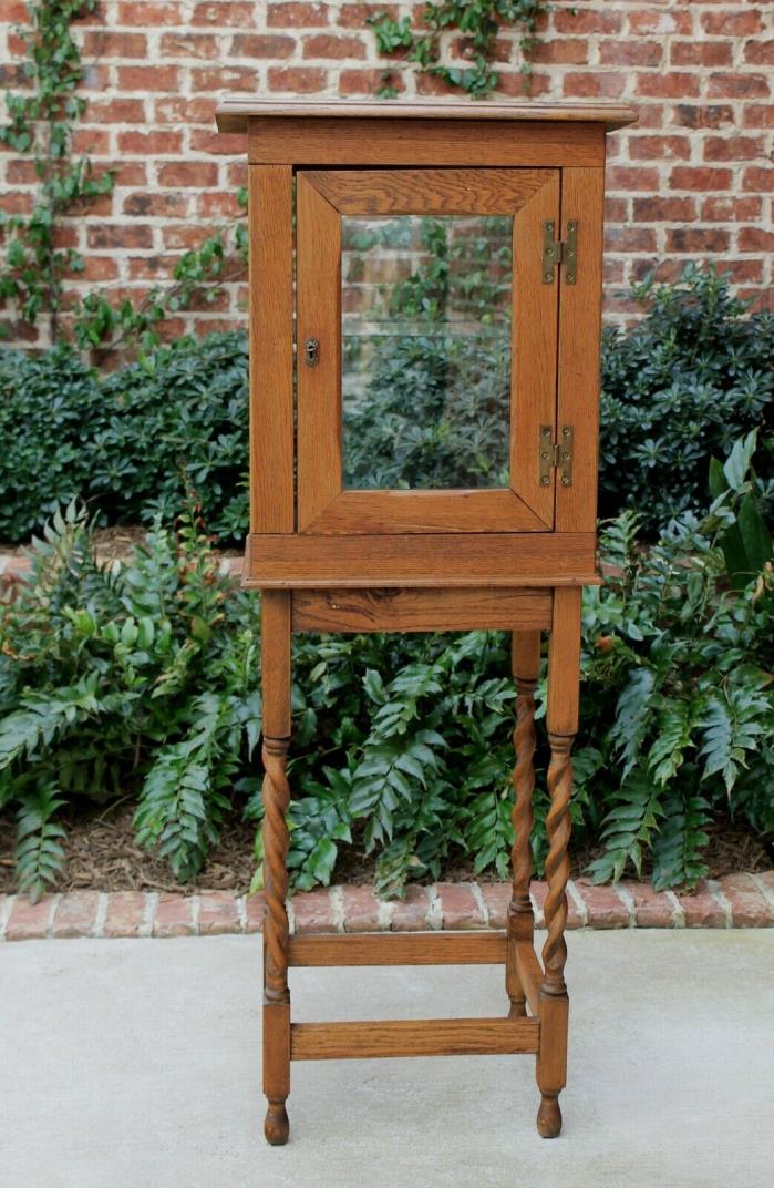 Antique English Oak Barley Twist Display Curio Cabinet Vitrine Liquor Cabinet