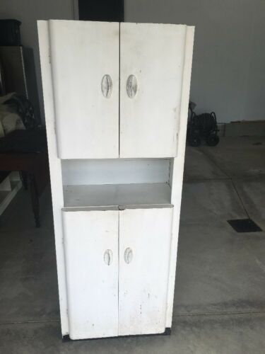 Vintage Mid Century Modern Metal 4 Door Kitchen Cabinet  Storage Black Band