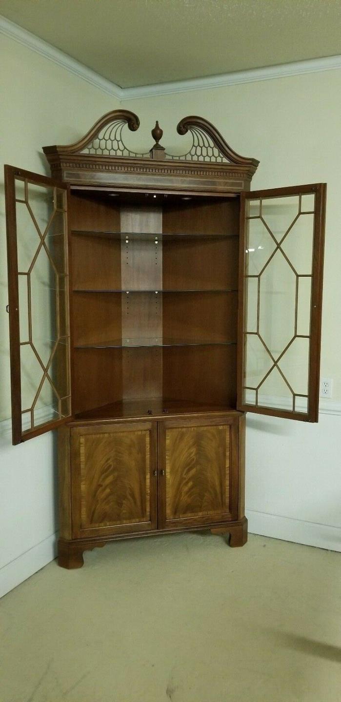 Stickley Flame Mahogany Chippendale Style Corner Cabinet with Inlay