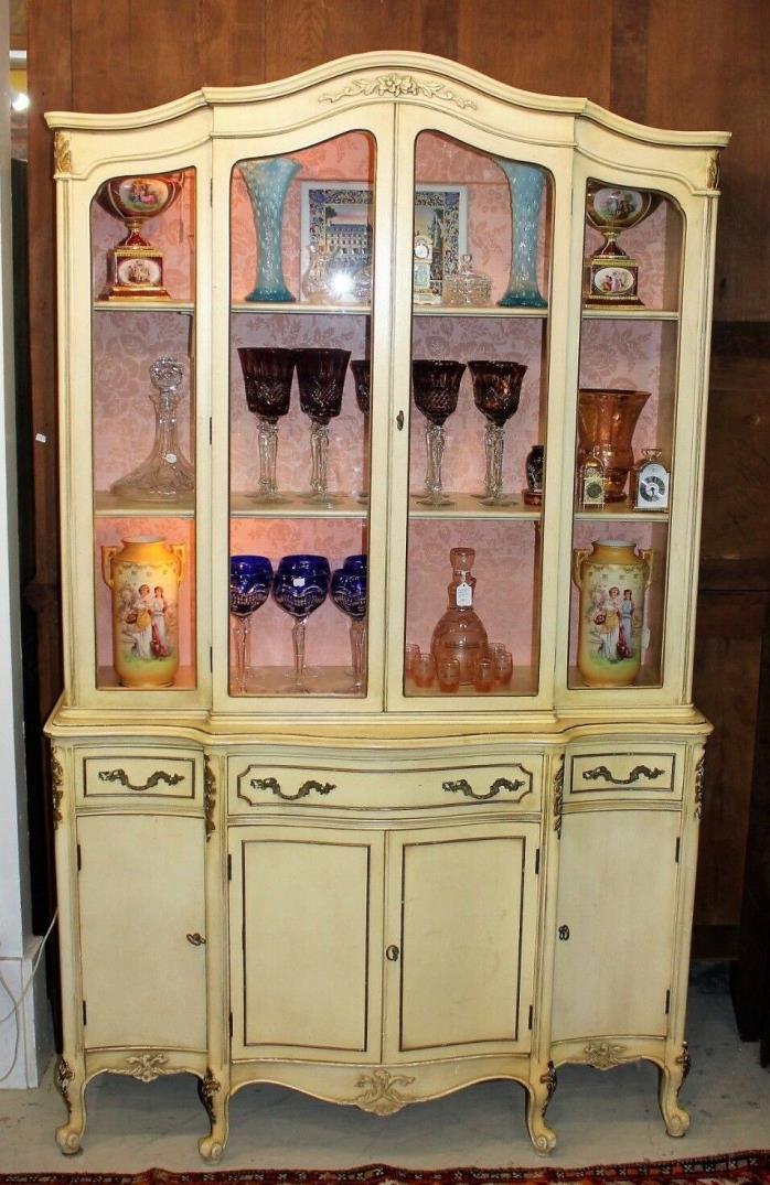 Painted Antique White American Louis XV Style Glass Door China Cabinet / Buffet