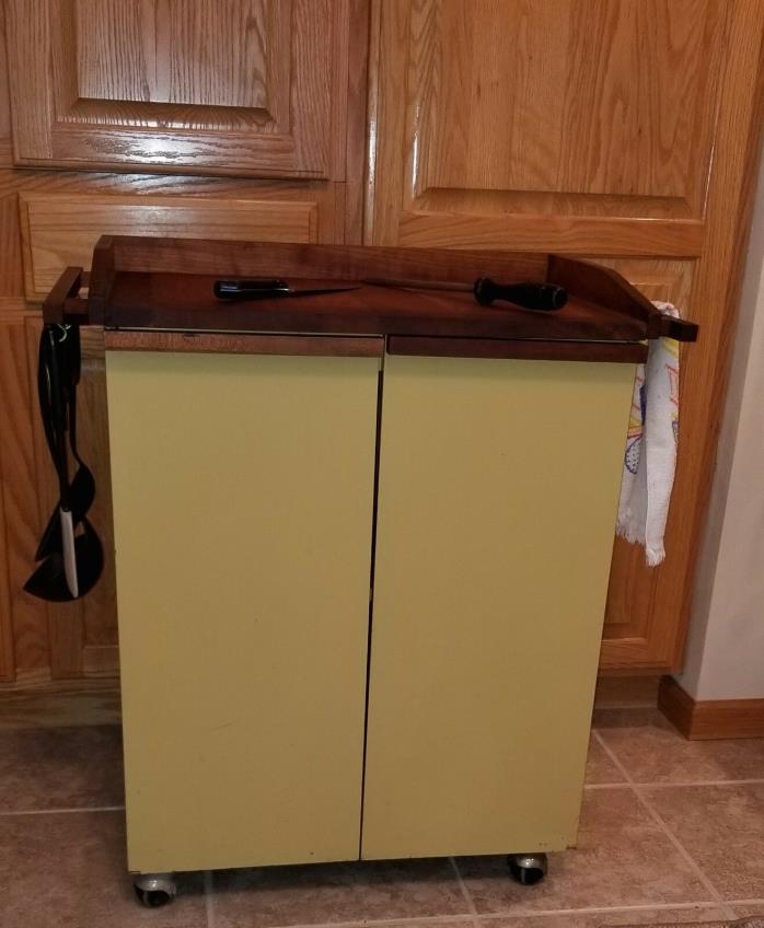 Vintage Mid Century Metal Kitchen Storage Cabinet, Walnut Cutting board top.NICE
