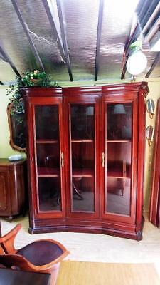 VTG Large Mahogany 2 Door French Curio Display Cabinet w/ Upholstered Shelves