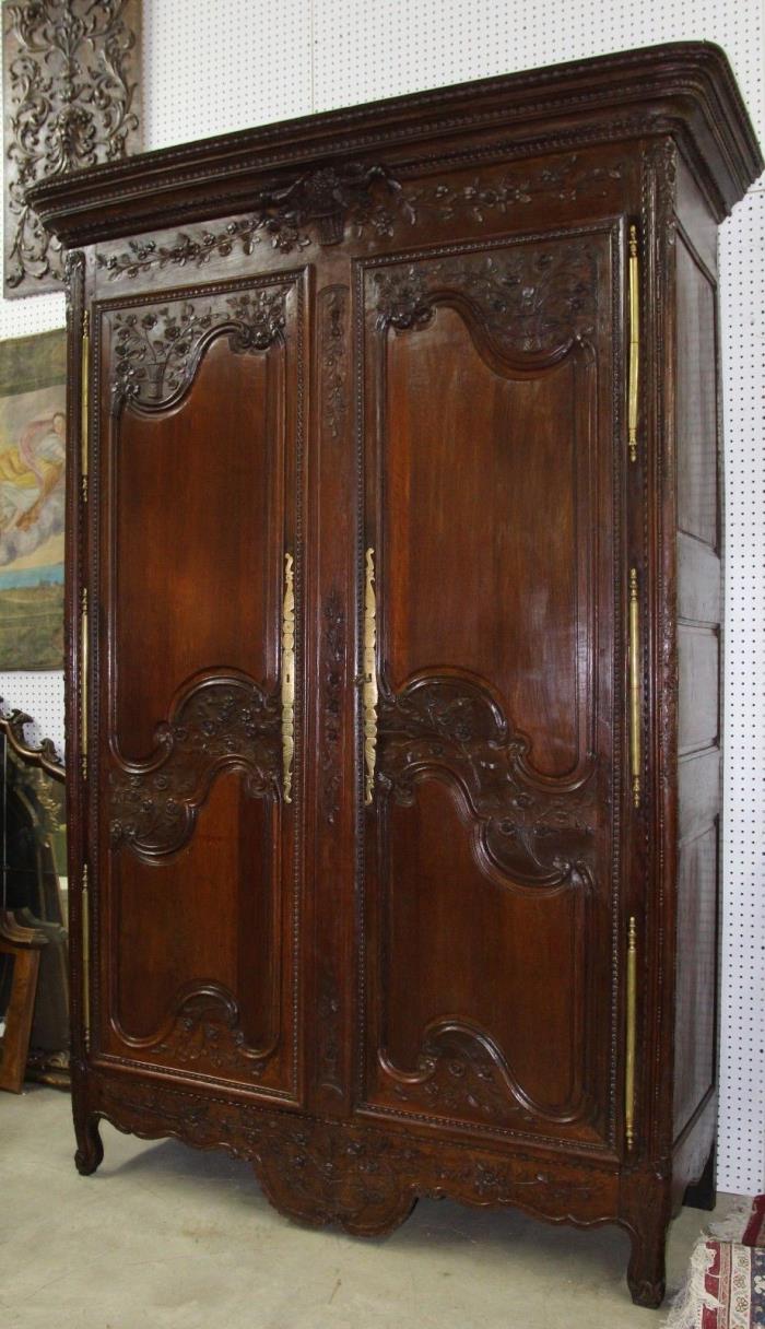 Antique French Louis XV Normandy Solid Oak Carved Marriage Armoire Circa 1740