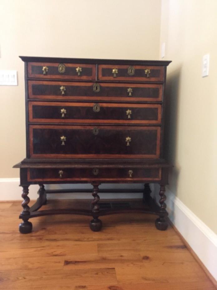 William and Mary English Walnut Chest on Stand with Oyster Veneer. Circa 1700.