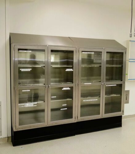 Vintage Stainless Steel & Glass Medical Tall Lab Cabinets Apothecary Display 35'