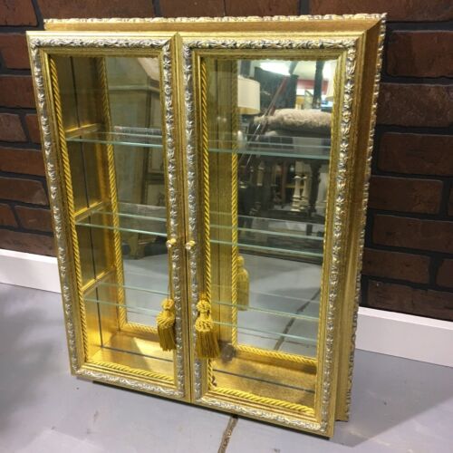 Italian Carved Display Case Vitrine Curio Cabinet Gold Wall Mirror Glass Shelves