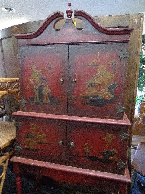 SAVE $ on DEL. Antique Chinoiserie Tole Painted Chinese Hutch Cabinet Cupboard