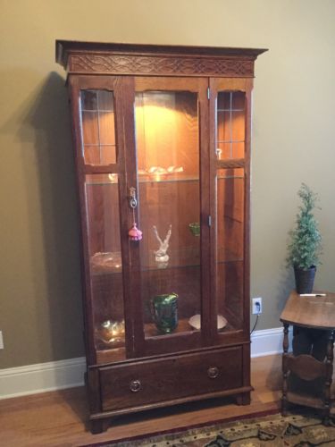 Antique Oak Lighted Glass Front Display Cabinet