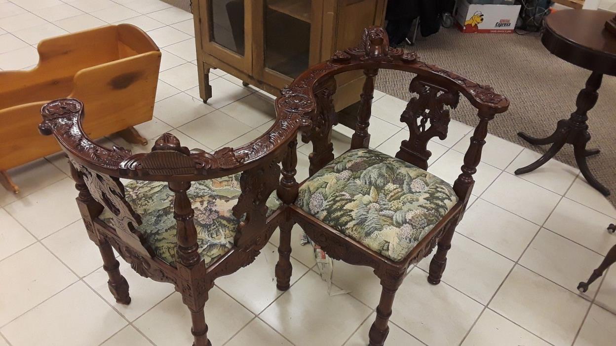 Antique Victorian Era Hand Carved Wooden tête-à-tête Courting Bench Seat Chair