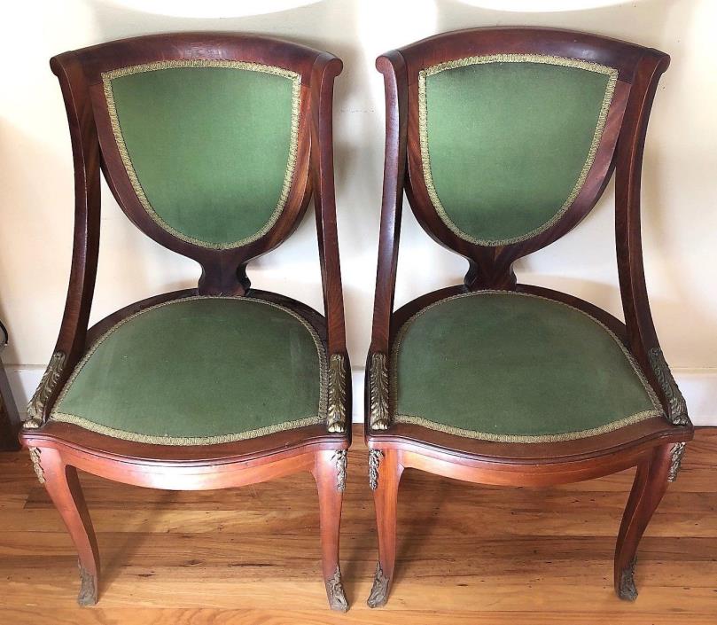 Pair of Antique Vintage Wooden & Brass HALL CHAIRS - Original Upholstery