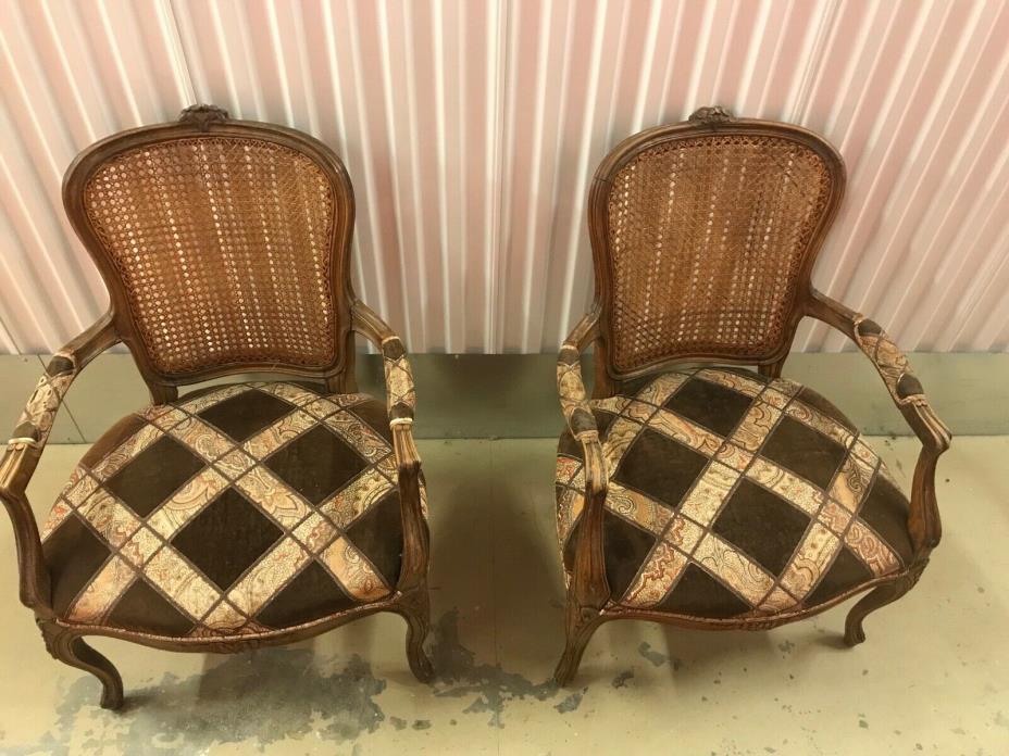 Pair Antique Louis XV Arm Chairs w/Caned Back Upholstered Seat Cabriole Legs