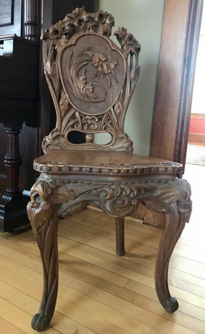 Elaborate c1900s Art Nouveau Carved Chair Iris & Foliate, Cabriole Legs MUST SEE