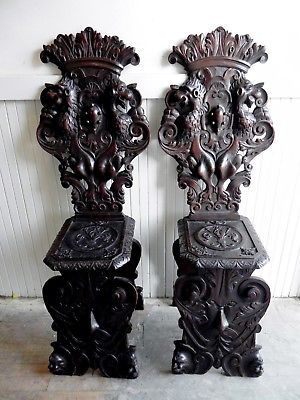 Set of 2 Antique Italian Renaissance Carved Wooden Sgabello Chairs Rampant Lions
