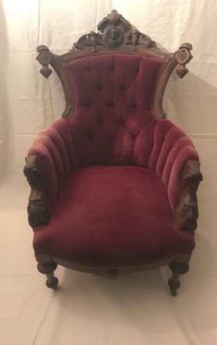 American Renaissance Revival Eastlake Chair With Carved Wood Accents