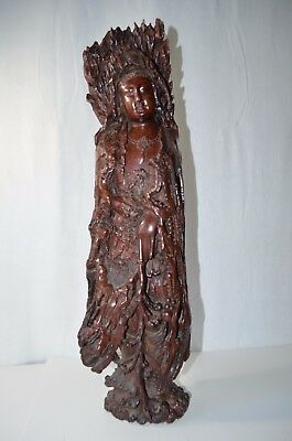 Old China Red  Wood Pure Hand-Carved Kwan-yin Guan Yin Goddess buddha statue