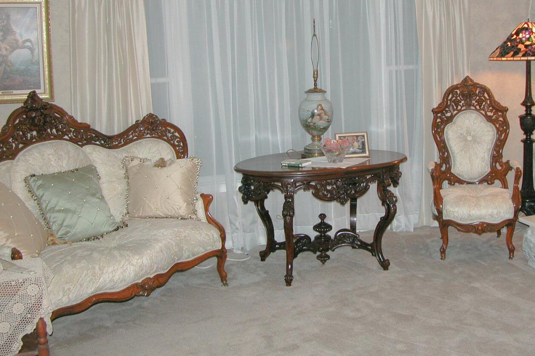 Rococo Revival Meeks Couch and Chair Hawkins Pattern with Parlor Table circ 1860