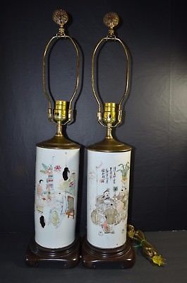 PAIR CHINESE ANTIQUE 19TH CENTURY FAMILLE ROSE TABLE LAMP PORCELAIN