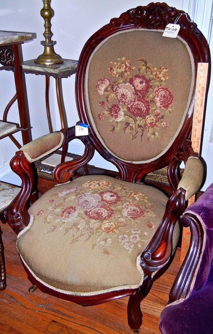 Antique Parlor chair  1800's  Victorian  Needlepoint Green  with  Roses  cat #72