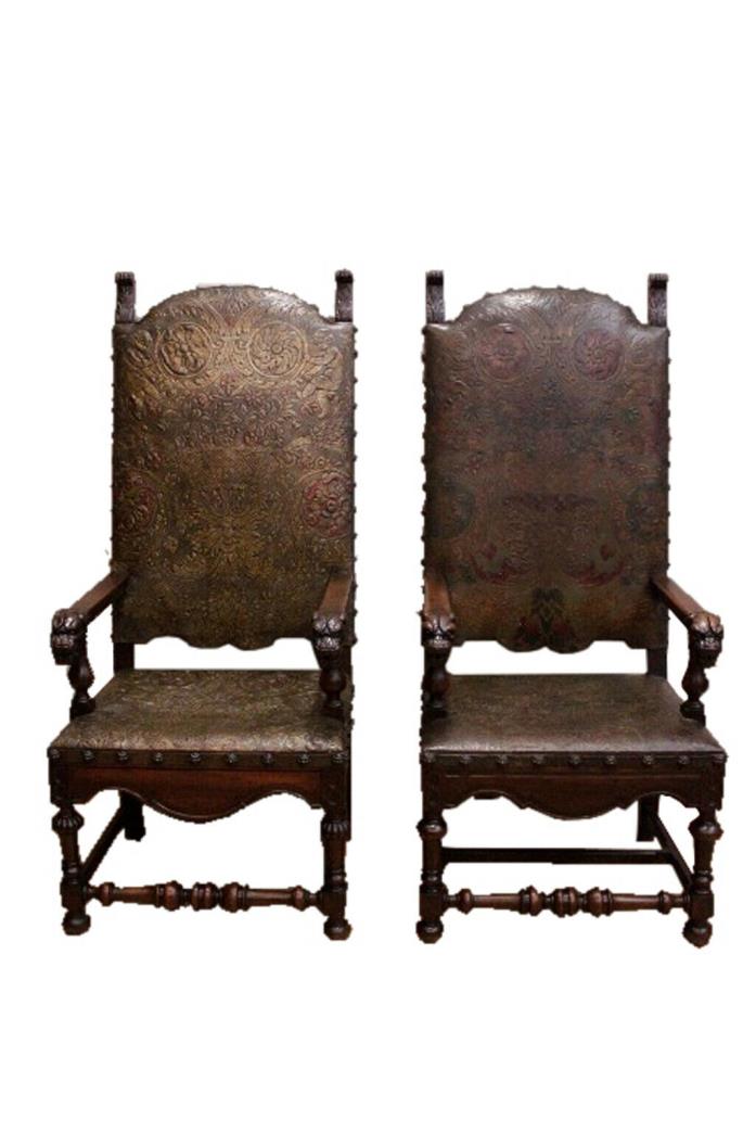 Outstanding Pair of French Renaissance Arm Chairs, Pressed Leather, Tall Model,