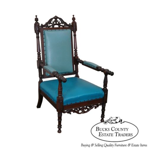 19th Century American Victorian Renaissance Carved Rosewood Throne Arm Chair