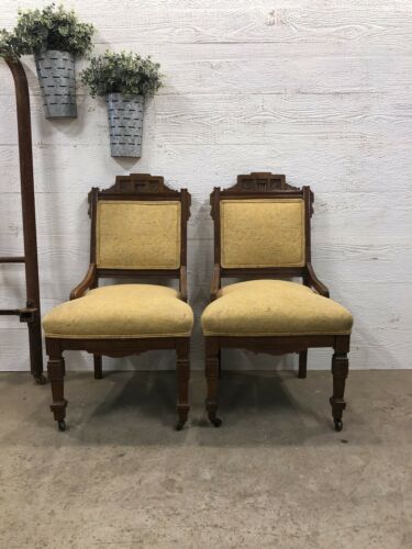 Pair Of Victorian Wood Carved East Lake Parlor Side Dining Room Chairs Yellow