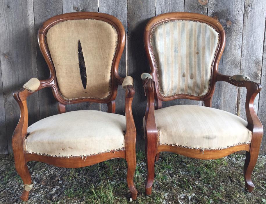 Pair of Antique Louis XV Style French Deconstructed Fruitwood Armchairs