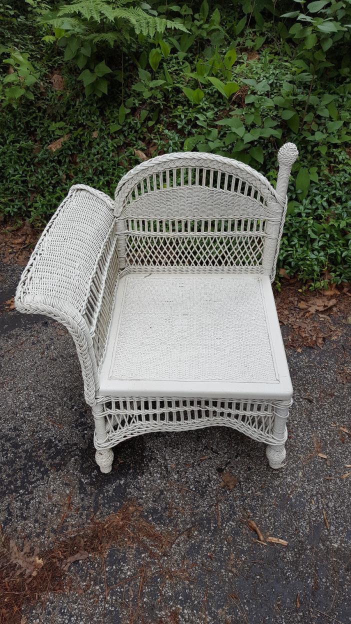 Antique Reed Wicker Corner Chair with Rolled Arm Painted White circa 1890