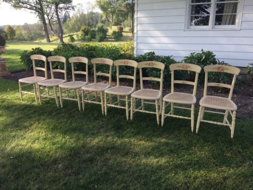 8 Antique Caned Painted Floral Dining Chairs