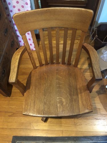 Antique American Hand Carved Oak Roll Top Office Swivel Desk Chair Circa 1950